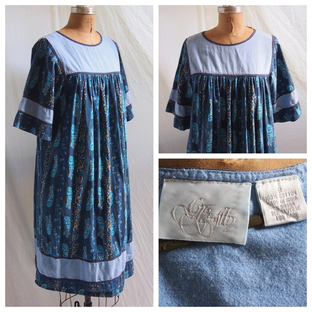 GO SOFTLY Batik Fish House Lounge Dress Muu Muu Caftan Hippie Boho India S